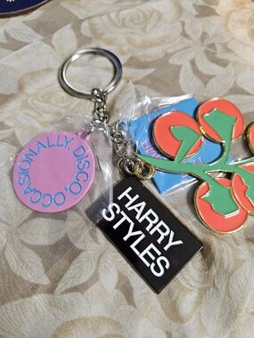 Harry Styles Black Logo Keychain with Pink Disc and Red-Green Cherry Charm
